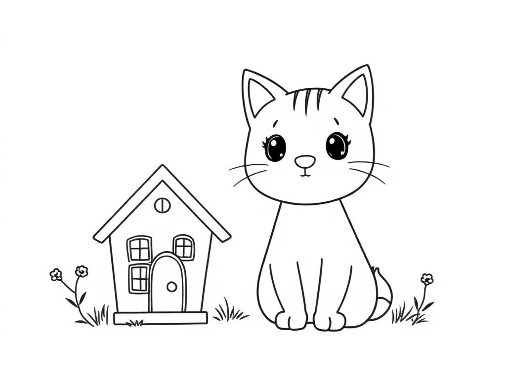 Coloring page outline of a cartoon cat next to a small dollhouse