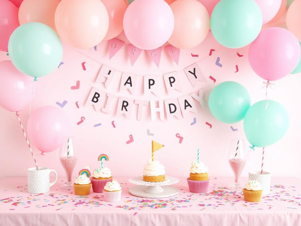 Pastel pink and mint kids birthday party table with balloons and cupcakes